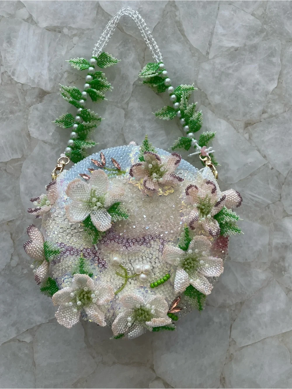 Handcrafted White & Green Floral Beaded Evening Clutch
